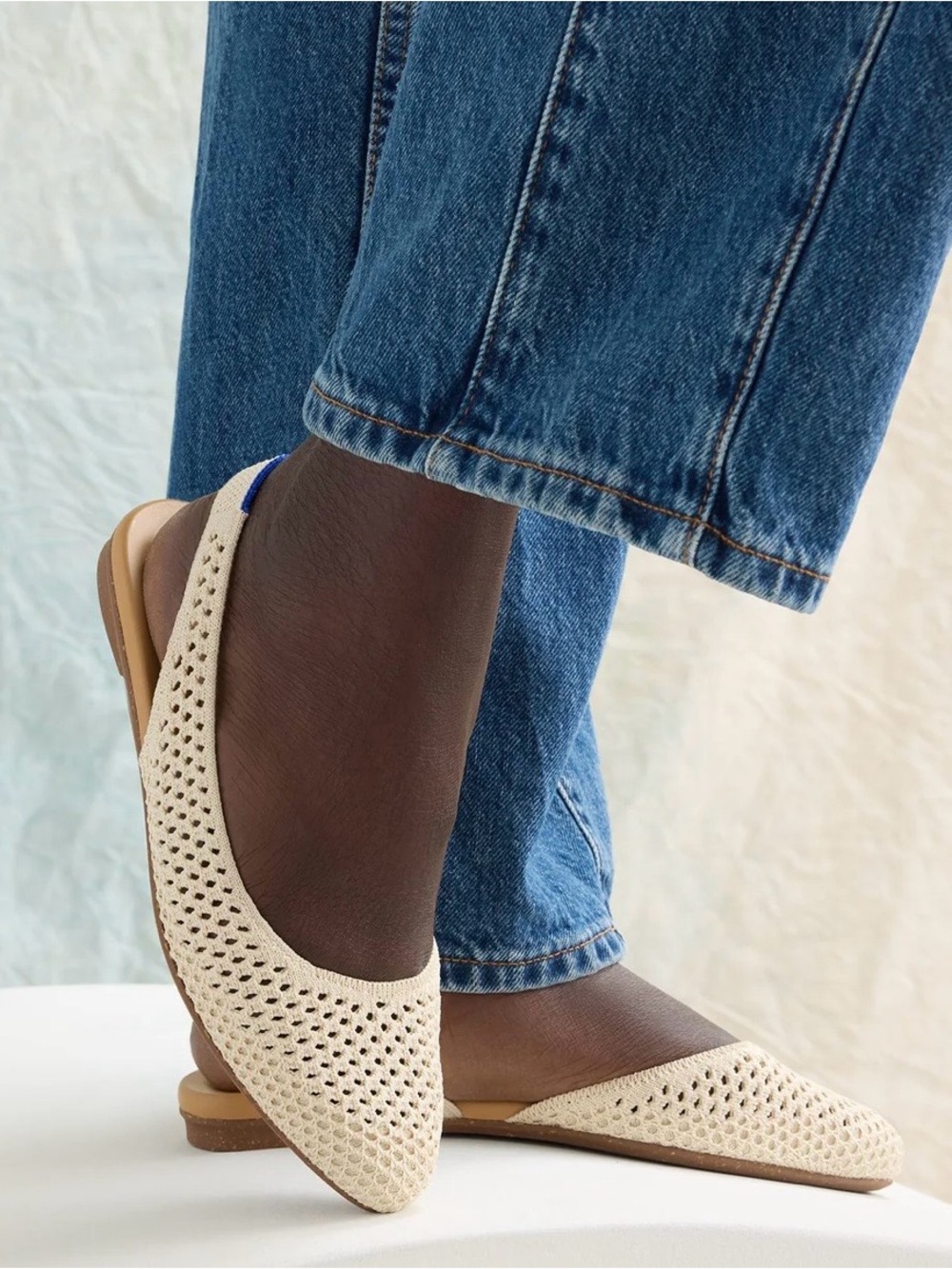 Rothy's Cream almond Woven Slingback Flats with Blue Accent